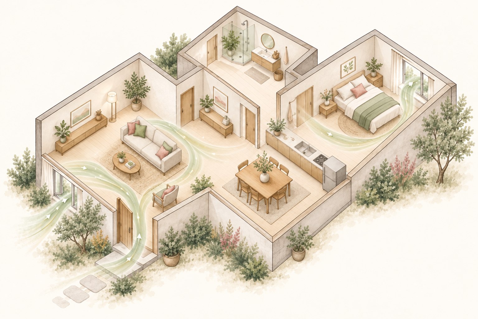 Une maison vue en coupe, traversée par un ruban doux qui représente symboliquement la circulation du Qi.