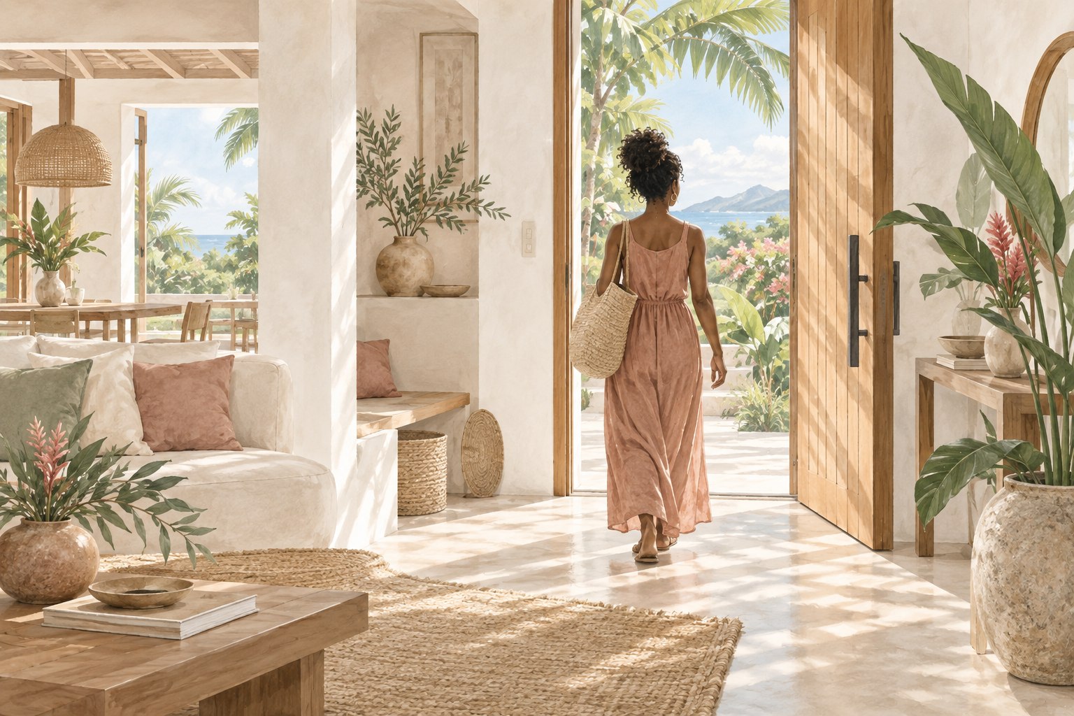 Une maison tropicale lumineuse aux matières naturelles, avec une femme sur le seuil.