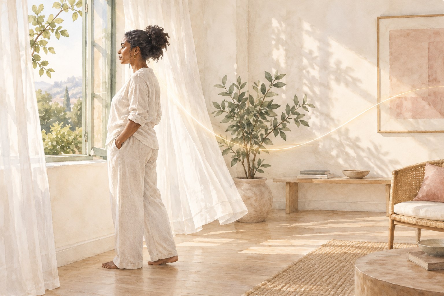 Une femme dans une maison lumineuse, près d’une fenêtre et de rideaux en mouvement, évoque le lien entre soi et son espace.