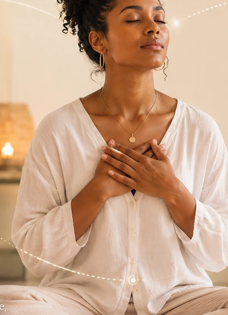 Femme caribéenne en méditation dans une ambiance chaleureuse et apaisante
